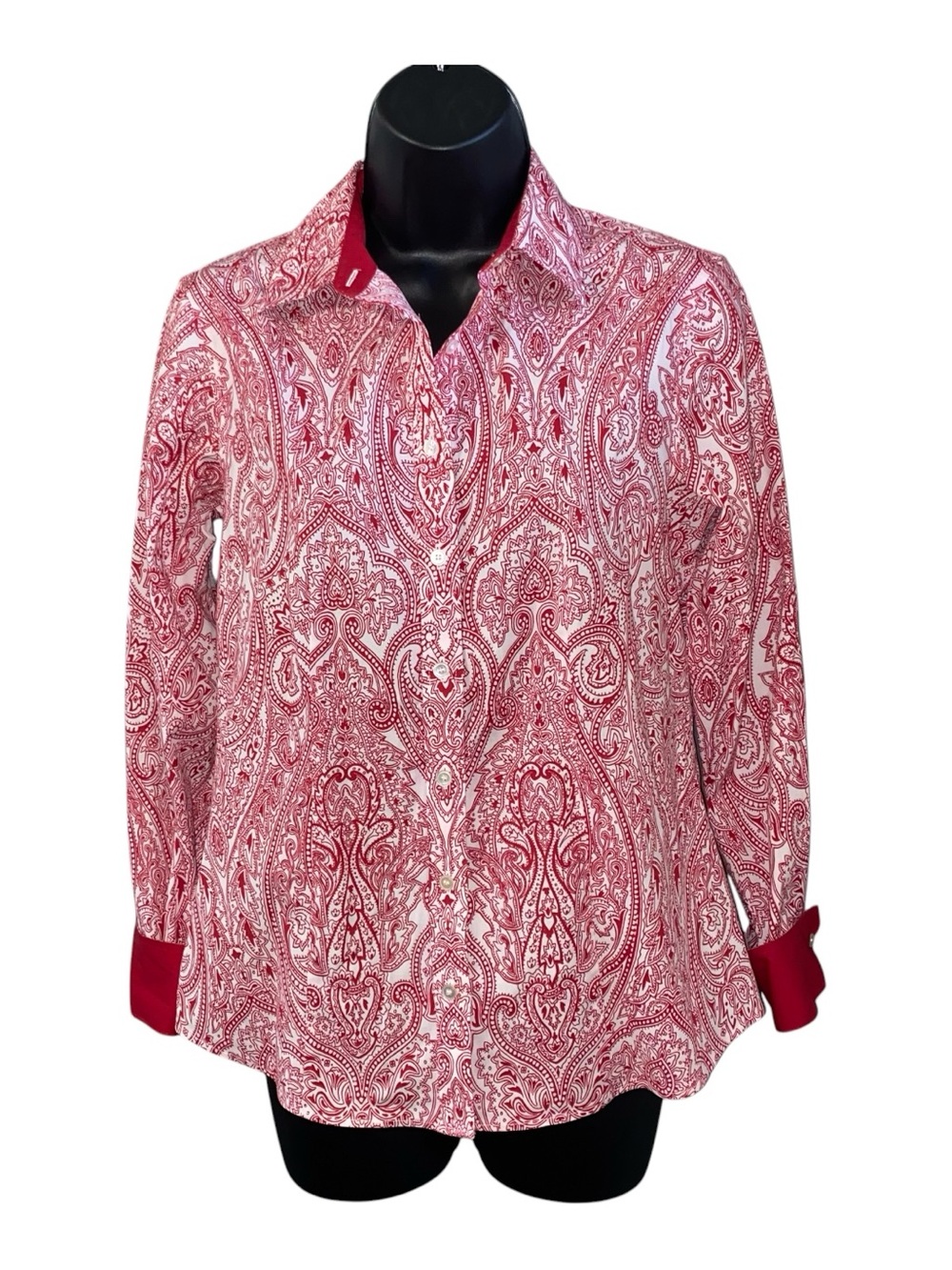Talbots Wrinkle Resistant Red White Paisley Long Sleeve Shirt Blouse Size 2